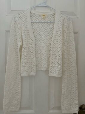 Maeve Anthropologie Cream Openwork Cropped Cardigan - Diamond Eyelet Knit